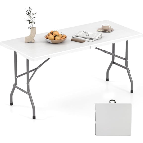 LEHOME 5 FT Folding Table, Foldable Dining Table for 6, Indoor Outdoor Use for Party Banquet Wedding Picnic Camping BBQ, Fold-in-Half Portable Space Saving Design (White)