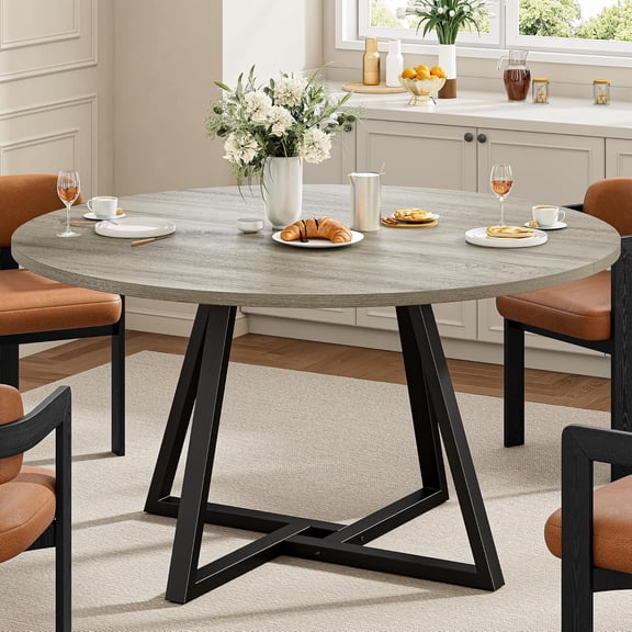 LEHOME 51" Round Dining Table for 6, Wood Kitchen Table with Metal Base, Space Saving Industrial Circle Dinner Table for Kitchen Dining Room, Gray