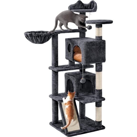 LEHOME 57 inches Cat Tree for Indoor Cats, Multi-Level Cat Tower w/ 3 Perches, 2 Cat Condos, 2 Hanging Balls and Scratching Posts, Dark Gray