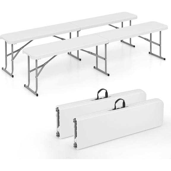 LEHOME 6 Feet Plastic Folding Bench Set of 2, Portable Picnic Seat for BBQ Party Camping Dining, HDPE Top, Metal Frame, Indoor Outdoor Foldable Bench for Garden Entertainment Activities Sport Events