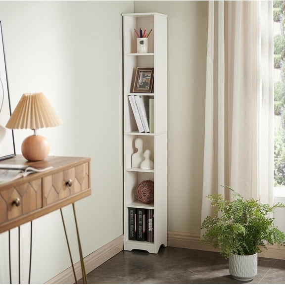 LEHOME Mora 6 -Tier Tall Narrow Storage Shelves Media Bookcase, Slim Freestanding Bookshelf - Perfect for Home Office and Living Room Storage (White)