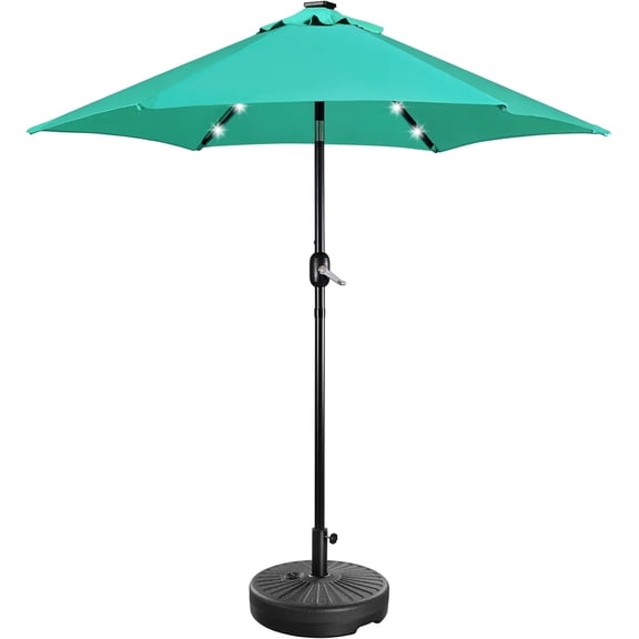 LEHOME 7.5FT Solar Patio Umbrella w/ 20L Fillable Base - Outdoor Market Table Umbrella w/UV Protection & Crank Lift w/Base Stand Included for Garden/Lawn/Deck/Backyard/Pool - Turquoise