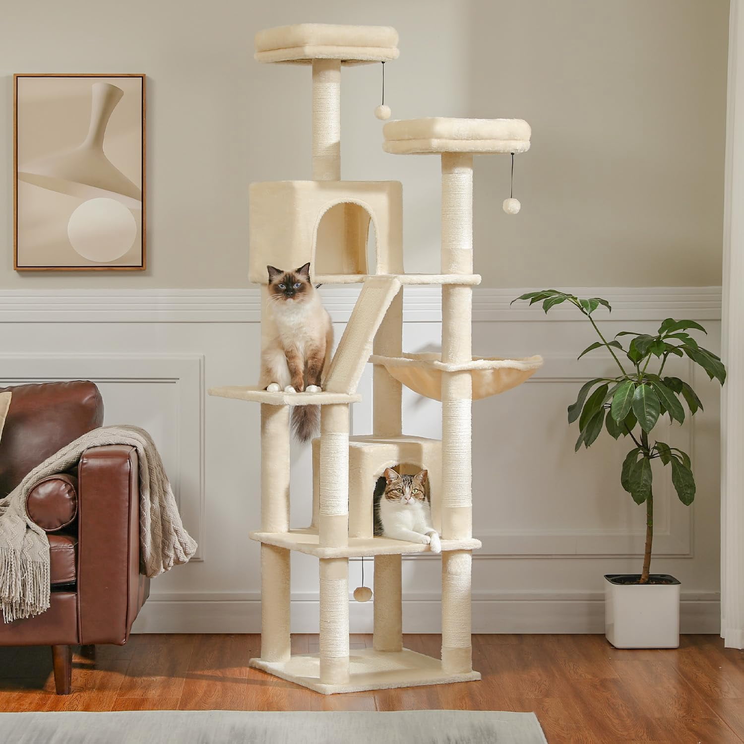 LEHOME 70 Inch Cat Tower, Tall Cat Tree with 2 Cozy Condos, 2 Plush Perch, Large Basket, 2 Scraching Pad & 6 Scraching Posts for Indoor Cats Large Adult, Beige
