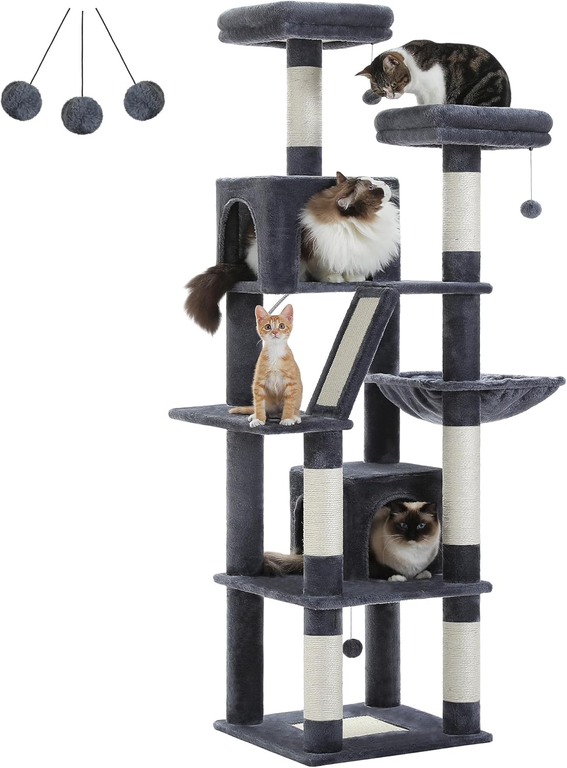 LEHOME 70 Inch Cat Tower, Tall Cat Tree with 2 Cozy Condos, 2 Plush Perch, Large Basket, 2 Scraching Pad & 6 Scraching Posts for Indoor Cats Large Adult, Dark Gray