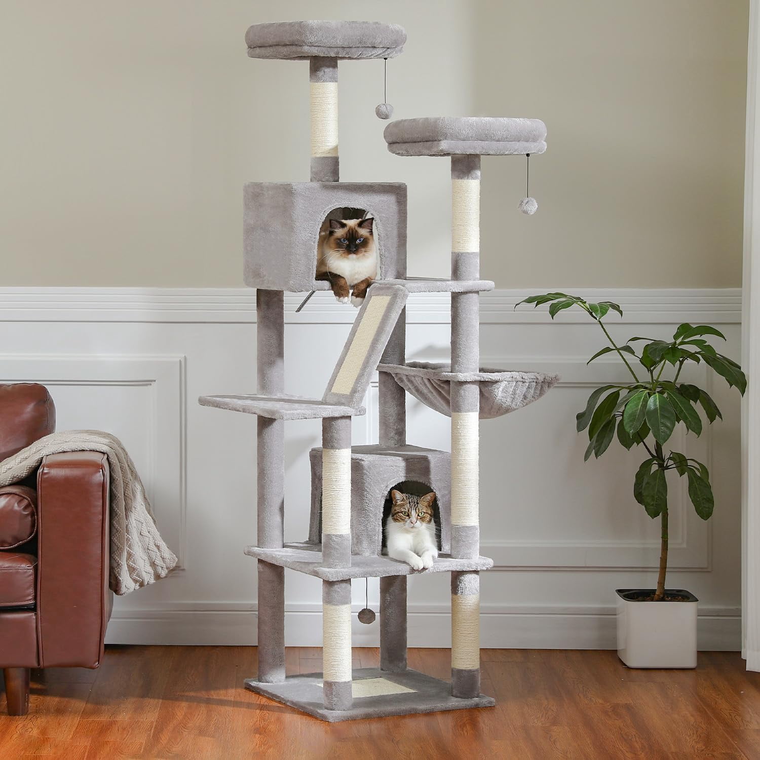 LEHOME 70 Inch Cat Tower, Tall Cat Tree with 2 Cozy Condos, 2 Plush Perch, Large Basket, 2 Scraching Pad & 6 Scraching Posts for Indoor Cats Large Adult, Gray