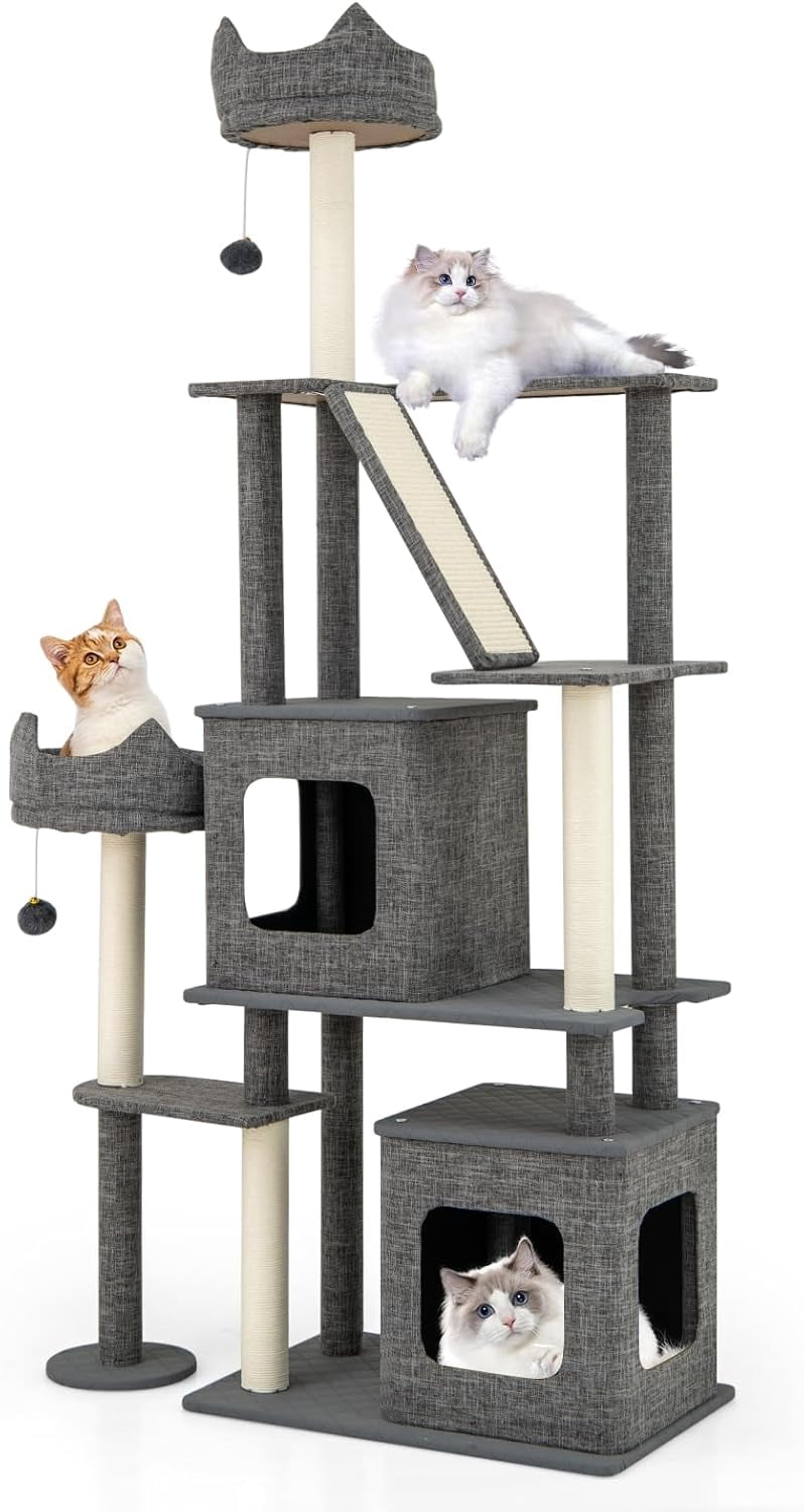 LEHOME 71 Inch Tall Cat Tree, Multi-Level Large Cat Tower with Scratching Posts & Sisal Board & Ladder, 2 Removable Condos, Perch, Bed, Dangling Balls, Modern Linen Fabric Cat Tree for Indoor Cat