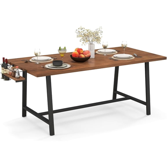LEHOME 72-Inch Rectangular Dining Table with 2-Bottle Wine Rack, Condiment Holder & Metal Footrest, Industrial Oversized Dinette Table for 5-7 Family Gathering Kitchen Dinner
