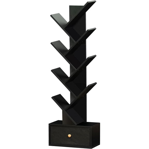 LEHOME 8 Tier Tree Bookshelf with Drawer, Free Standing Wood Bookcase for Living Room, Bedroom, Home Office, Space Saving Storage Organizer Bookshelves for Books, CDs, Vinyl Records- Black