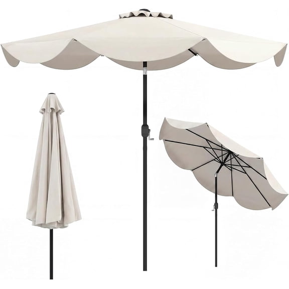 LEHOME 9 FT Patio Umbrella w/Crank Handle, Push Button Tilt, Ruffled Edges, 2-Tier Market Table Umbrella w/Sun-Protective Canopy, 8 Ribs, Outdoor Heavy-Duty Sun Umbrella for Patio Garden (White)