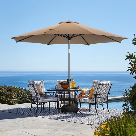 LEHOME 9FT Patio Umbrella with Base, Outdoor Umbrellas with Base Included, 8 Sturdy Ribs, Waterproof Fade Resistant POLYESTER DTY Canopy for Deck, Lawn, Garden, Backyard & Pool, Tan