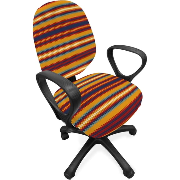 LEHOME Abstract Office Chair Slipcover, Tribal Stripes on Horizontal Funky Ethnic Culture Hippie Folk Print, Protective Stretch Decorative Fabric Cover, Standard Size, Apricot Red Dark Indigo