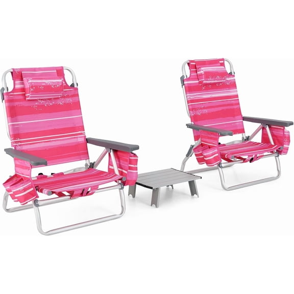 LEHOME Backpack Beach Chair with Table, 5-Position Lay Flat Beach Chairs with Cooler Bag, 2 Cup Holders, Towel Bar, Lightweight Low Folding Beach Chair with Backpack Straps