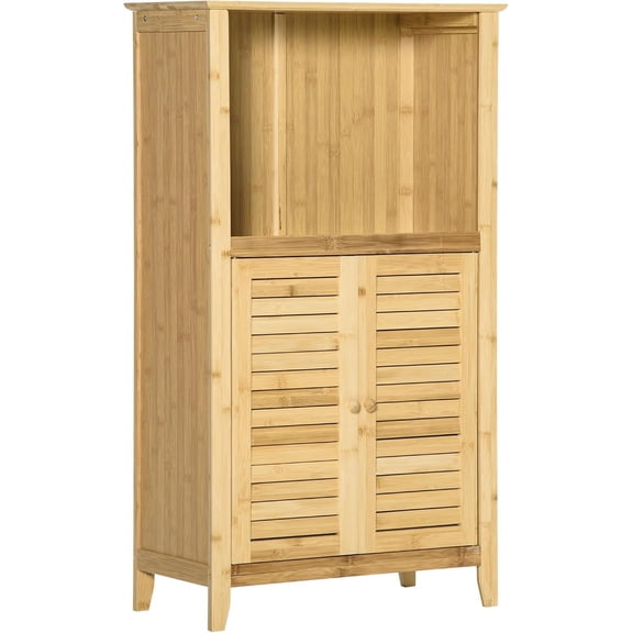 LEHOME Bamboo Floor Cabinet Bathroom Floor Cabinet Living Room Organizer Tower with Multiple Shelves and Doors, Natural