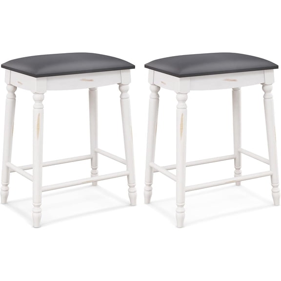 LEHOME Bar Stools Set of 2, 24" Counter Height Saddle Stools w/Padded Seat, Rubber Wood Legs, Footrests & Antiqued Surface, Upholstered Backless Barstools for Kitchen Island, Home Bar, Antique White