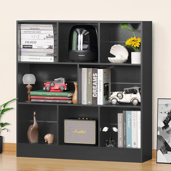 LEHOME Black Wide Bookshelf,3 Tier Modern Horizontal Bookcase,Wood Low Bookshelves Display Storage Cabinet with Base,Floor Standing 8 Cube Large Bookcases Organizer for Bedroom,Living Room,Office