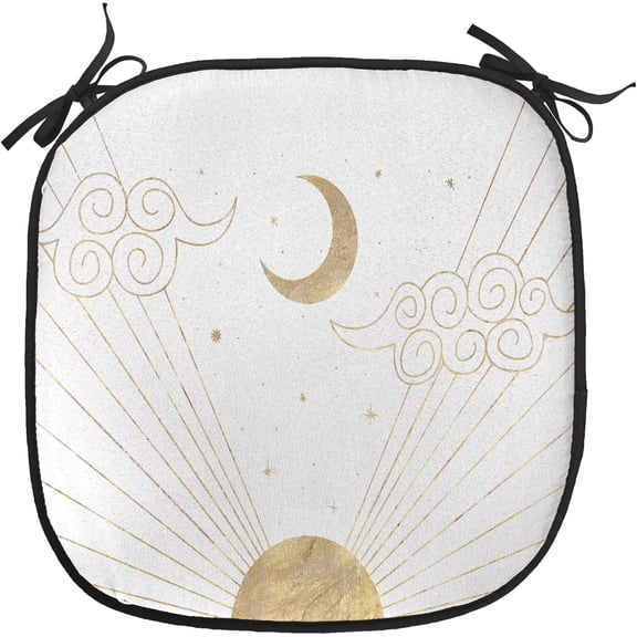 LEHOME Boho Art Chair Cushion Pads Set of 4, Vintage Engraving Style Crescent Moon Swirling Clouds Brushstroke Sun, Anti-Slip Seat Padding for Kitchen & Patio, 16"x16", Camel Dark Sand Brown