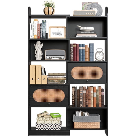 LEHOME Bookshelf and Bookcase, 6 Tier 8 Cube Storage Shelf with 2 Rattan Flip-Up Cabinets, 43.3 Inch Organizer for Living Room, Home Office, Bedroom, Black
