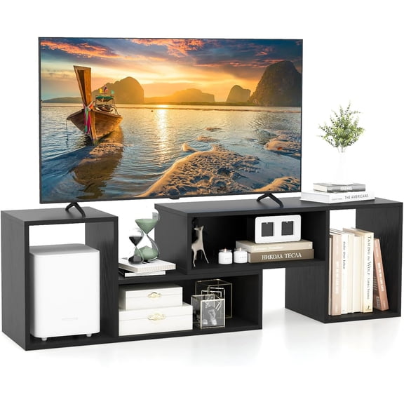 LEHOME Bookshelf TV Stand for TVs up to 55", 2 Pieces Free-Combination Entertainment Center with Storage Cubes, Modern Media TV Console Table, Open Storage Bookcase for Living Room, Bedroom (Black)