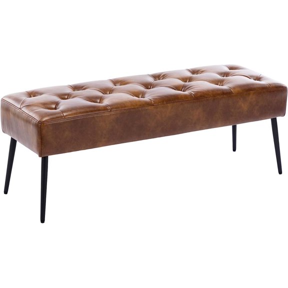 LEHOME Button-Tufted Ottoman Bench, Upholstered Bedroom Benches Leather Footrest Stool Accent Bench for Entryway Dining Room Living Room Bedroom End of Bed, Yellowish Brown