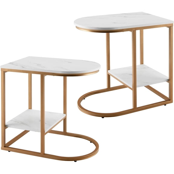 LEHOME C-Shape Side Table Set of 2, 2-Tier Faux Marble C Table with Storage Shelf & Metal Frame, Couch Tables that Slide Under, Small Nightstand End Table for Bedroom, Living Room, White & Gold