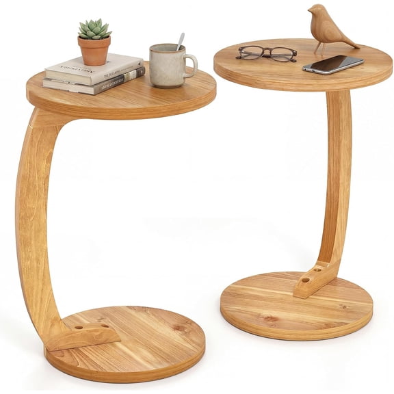 LEHOME C-Shaped Round Side Table Set of 2, 24" Solid Teak Wood Bedside Couch Sofa End Tables w/Thickened Top & Sturdy Base, 2-Tier Coffee Snack Table TV Tray for Small Spaces Living Room Bedroom