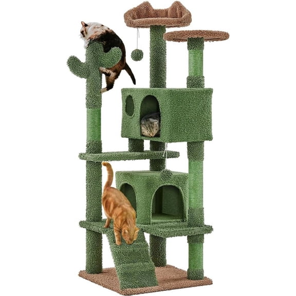 LEHOME Cactus Cat Tree, 54in Tower w/Ramp, Animal-Ear Shaped Perch, Scratching Posts, Platform & Hanging Ball, Multi-Level Condo for Indoor Kittens, Green/Brown