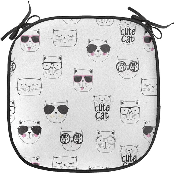 LEHOME Cat Chair Seating Cushion, Cool Hipster Cat Portraits with Sunglasses Funny Faces Humor Characters Doodle, Anti-Slip Seat Padding for Kitchen & Patio, 16"x16", Black White Pink
