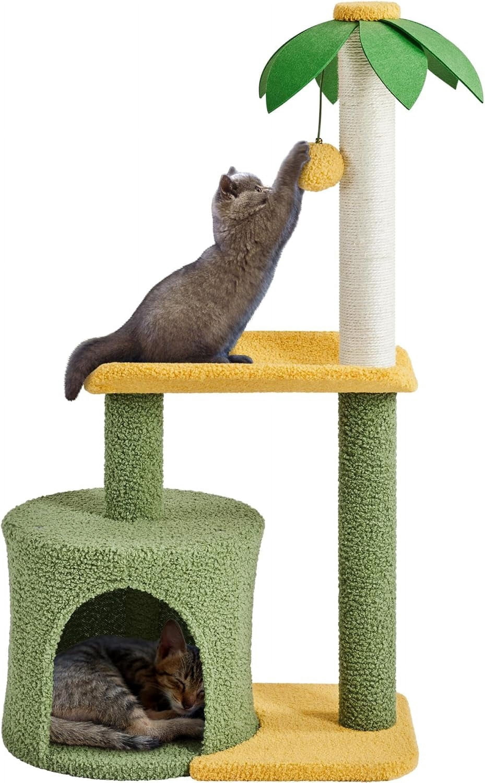 LEHOME Cat Scratching Post, 37in Cute Coconut Palm Cat Scratcher w/Natural Sisal Rope, Coco Leaf, Dangling Pompom, Bending Perch, Cozy Condo Cat Scratching for Indoor Cats, Green/Yellow