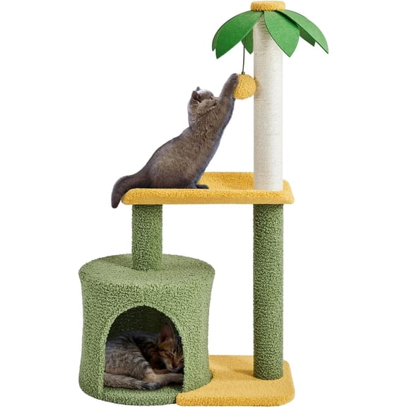 LEHOME Cat Scratching Post, 37in Cute Coconut Palm Cat Scratcher w/Natural Sisal Rope, Coco Leaf, Dangling Pompom, Bending Perch, Cozy Condo Cat Scratching for Indoor Cats, Green/Yellow