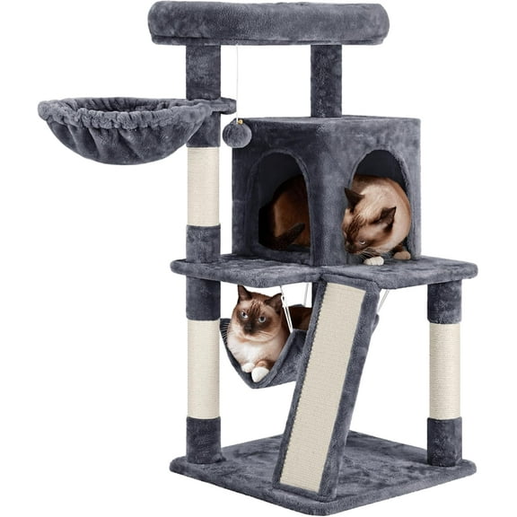 LEHOME Cat Tree Tower, 40-Inch Condo with Hammock, Oversized Soft Platform, Scratching Board, Basket, Pet Beds & Furniture for Large Kittens, Dark Gray