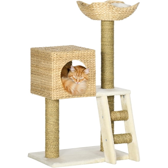 LEHOME Cattail Weave Cat Tree for Indoor Cats Kitty Tower with Rattan Cat Condo, Wicker Bed, Ladder, Washable Cushions, 22.5" x 14.5" x 39.5", Natural