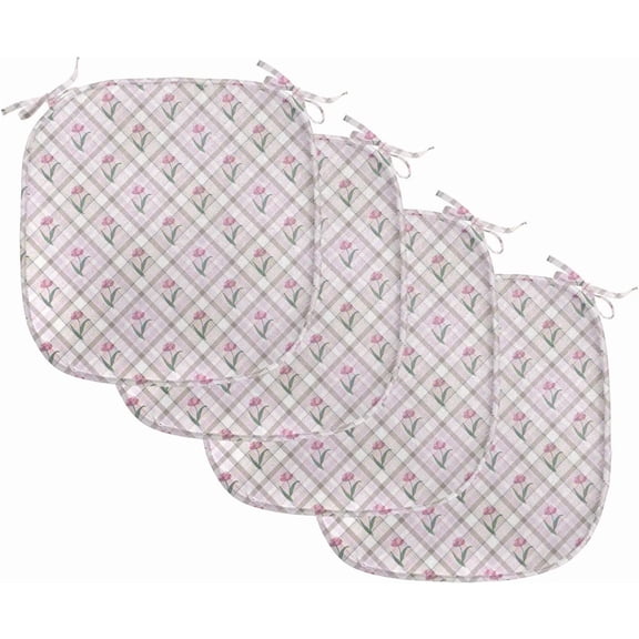 LEHOME Checkered Chair Seating Cushion Set of 4, Diagonal Striped Design Delicate Gentle Flower Feminine, Anti-Slip Seat Padding for Kitchen & Patio, 16"x16", Mauve Pink Forest Green
