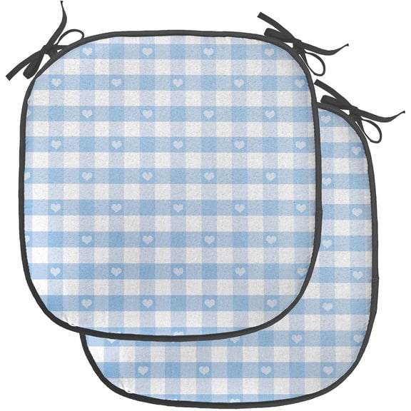 LEHOME Checkered Chair Seating Cushion Set of 4, Gingham Motif with Little Hearts Pastel Blue Shower Theme, Anti-Slip Seat Padding for Kitchen & Patio, 16"x16", Pale Blue White