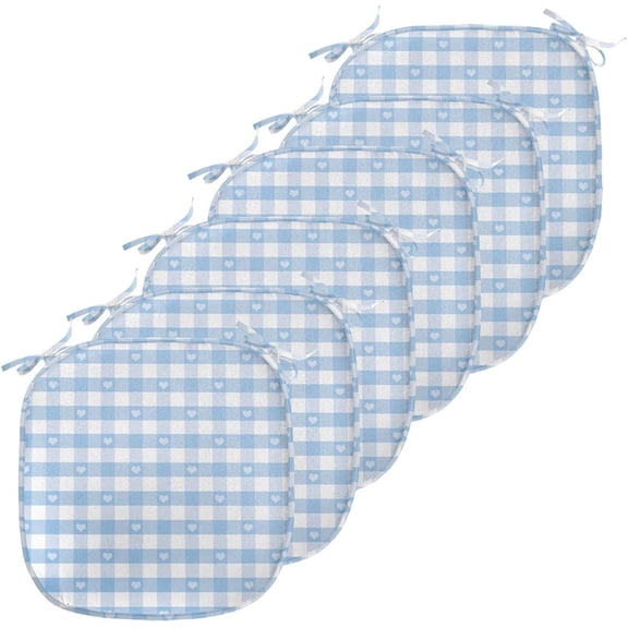 LEHOME Checkered Chair Seating Cushion Set of 6, Gingham Motif with Little Hearts Pastel Blue Shower Theme, Anti-Slip Seat Padding for Kitchen & Patio, 16"x16", Pale Blue White