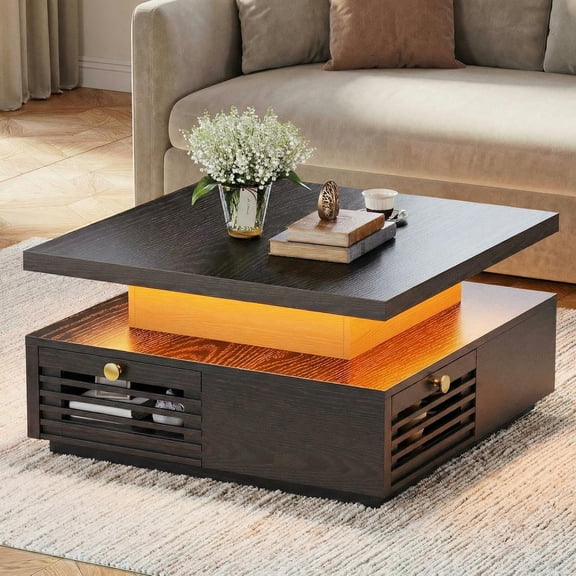 LEHOME Coffee Table with LED Light and Charging Station, 4 Storage Drawers with Grille Design, Square Coffee Table for Living Room Office Reception Room (Black)