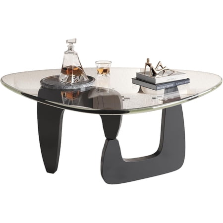 LEHOME Coffee Table, Small Glass Coffee Table with Solid Wood Legs, 32.7" Mid Century Triangle Living Room Tables, Modern Center Table for Small Spaces Living Room, Reception, Office, Black