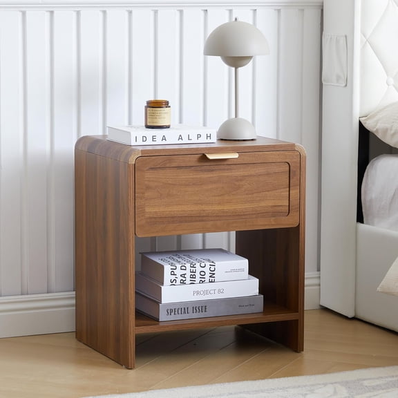 LEHOME Compact Nightstand with Charging Station, Small Bedside Table with Curved Top Corners and Storage Drawer, Mid-Century Modern Wooden End Table for Farmhouse Bedroom Living Room (1, Walnut)