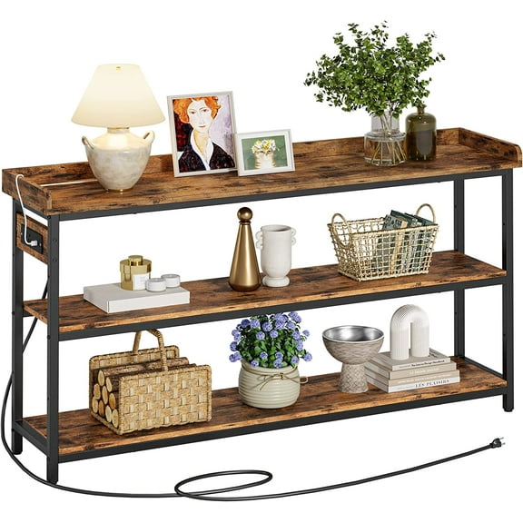 LEHOME Console Table, Sofa Table with Power Outlet, Farmhouse Hallway Table for Entryway, Living Room, Height Adjustable, Easy Assembly, Rustic Brown,55"