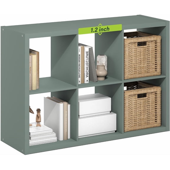 LEHOME Cubicle Book Shelf, 6-Cube Bookshelf, Extra Thick Frame Horizontally & Vertically Reversible Bookcase with Open Back, 14.6" x 44" x 30", for Living Room, Bedroom, Home Office, Sage Green