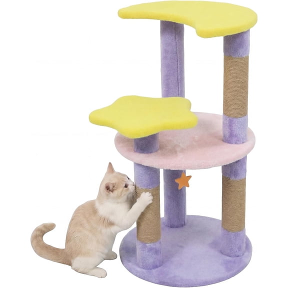 LEHOME Cute Cat Tree, 29 Inch Multi-Level Cat Tower with Jute Scratching Posts, Star & Moon Shaped Platforms, Perch Dangling Toy, Cat Climbing Furniture for Indoor Cats (Purple)