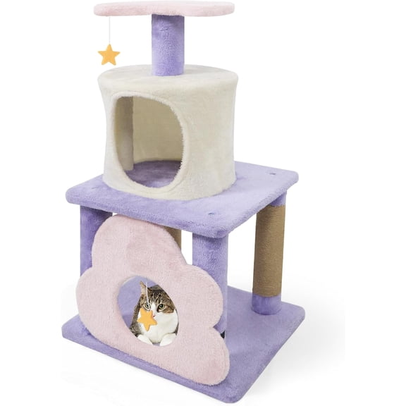 LEHOME Cute Cat Tree, 31.5 Inch Multi-Level Cat Tower with Jute Scratching Posts, Condo, Top Perch, Hanging Toy, Moon & Star & Cloud-Shaped Accents for Indoor Cats (Purple+Pink+White)