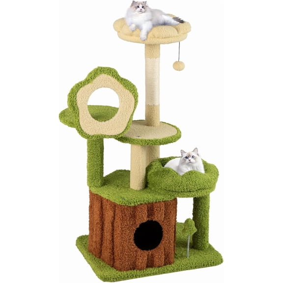 LEHOME Cute Cat Tree Green Forest, 40 Inch Multi-Level Aesthetic Cat Tower with Sisal Scratching Posts, Trunk Condo, Flower Perch, Plush Napping Bed, Pompom, Spring Toy, Platforms for Indoor Cats