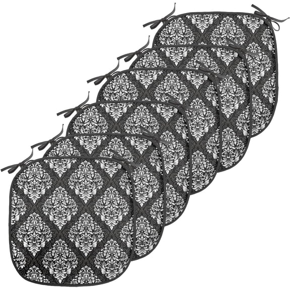 LEHOME Damask Chair Seating Cushion Set of 6, Classic Timeless Foliage Leaves with Victorian Inspired Swirls and Curls, Anti-Slip Seat Padding for Kitchen & Patio, 16"x16", Grey Black and White
