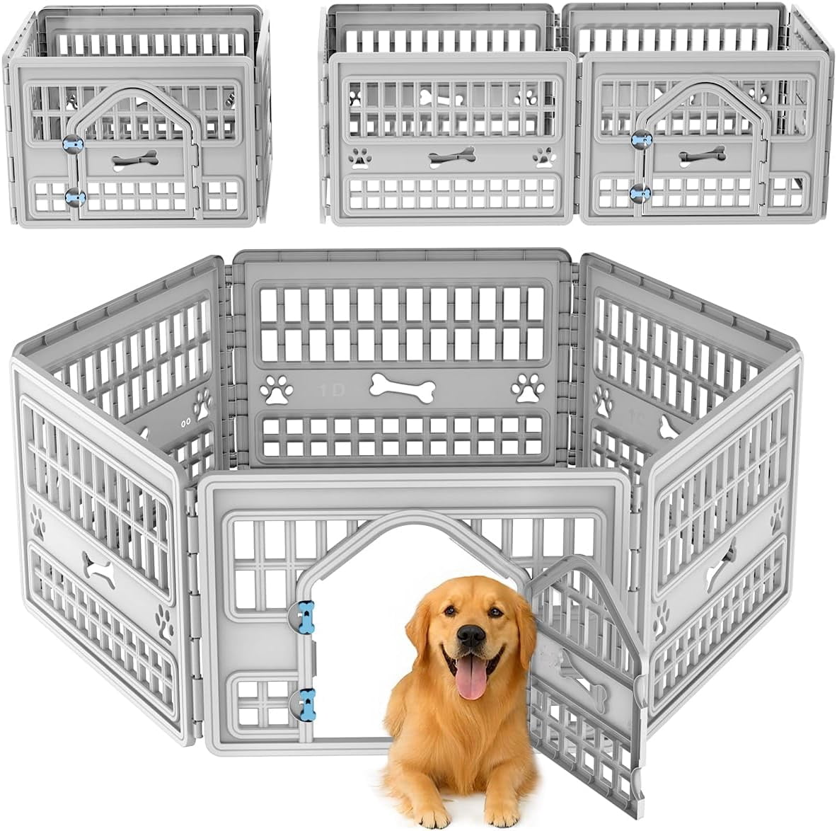 LEHOME Dog Pet Playpen Gate for Dogs Cats Safe Secure Indoor Outdoor Pet Fence with Gate Easy to Clean Keep Pets Secure (Gray, 67.24 * 67.24 * 23.7, 6)