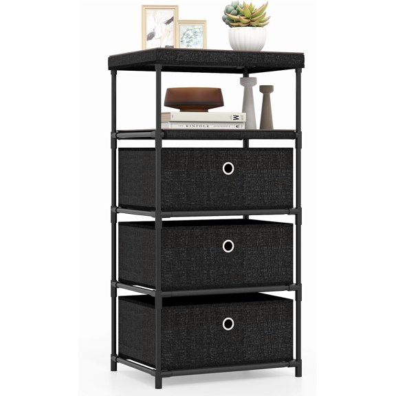 LEHOME Dresser with 3 Drawers, Fabric Storage Tower with Wood Top & Metal Frame, Industrial Organizer Unit, Storage Organizer, Chest of Drawers for Living Room, Office, Closet, Hallway & Entryway
