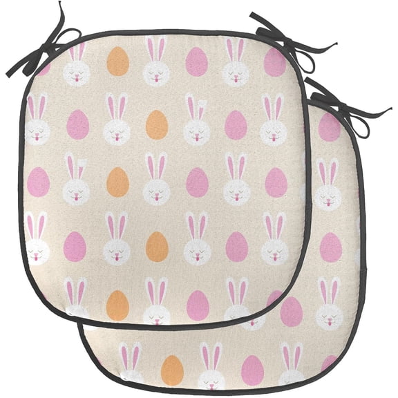 LEHOME Easter Chair Seating Cushion Set of 2, Cartoon Style Pattern with Bunny Faces and Egg Silhouettes, Anti-Slip Seat Padding for Kitchen & Patio, 16"x16", Pale Pink Orange
