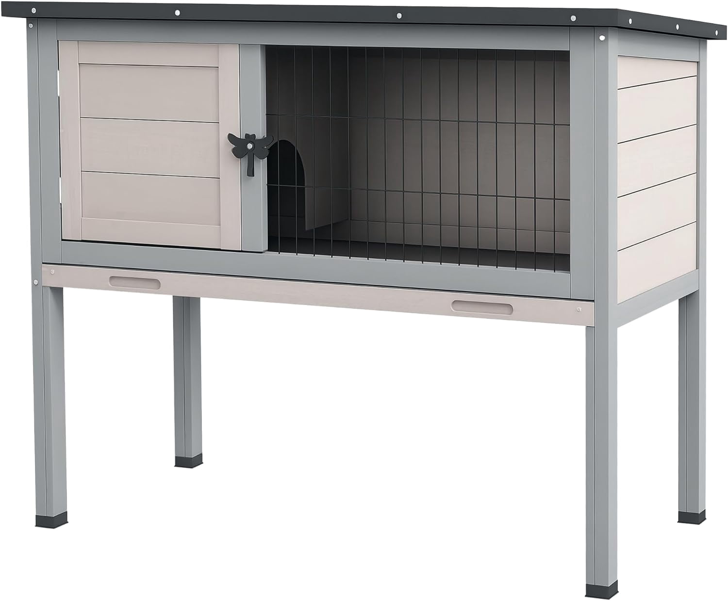 LEHOME Elevated Wooden Rabbit Hutch, Indoor/Outdoor Bunny Cage with Hinged Asphalt Roof and Removable Tray for Guinea Pig, Light Gray