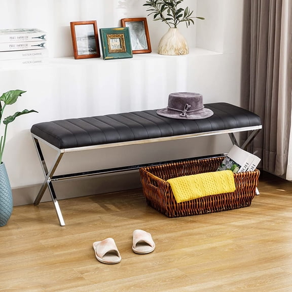 LEHOME End of Bed Bench,Modern Entryway Bench Faux Leather Upholstered Dining Bench,Vanity Bench with Metal X Legs, Tufted Bedroom Bench for Makeup Room, Living Room, Bathroom,Black