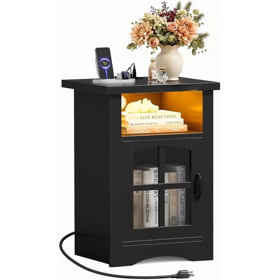 LEHOME End Table with Charging Station and LED Open Shelf & Glass Door Cabinet, Farmhouse Nightstand with 20W Fast Charge, Side Table for Living Room (1,Black)