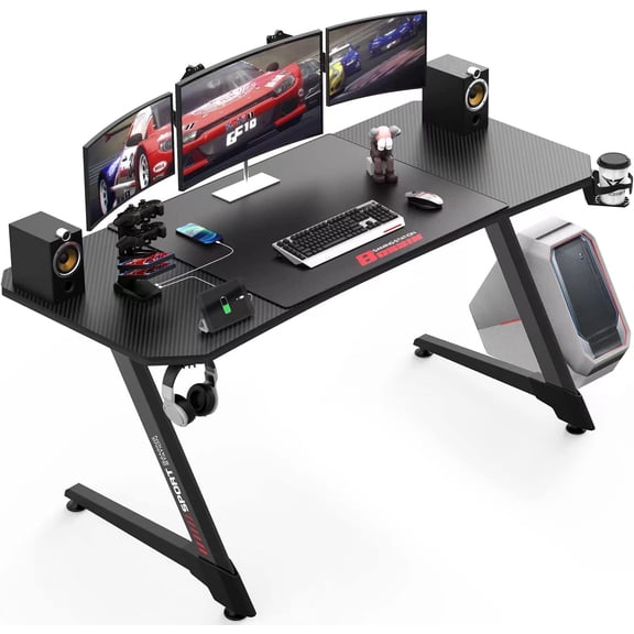 LEHOME Ergonomic Gaming Desk 55 Inch, Z Shaped Office PC Computer Desk with Mouse Pad, Gamer Tables with Gaming Handle Rack, Cup Holder Headphone Hook
